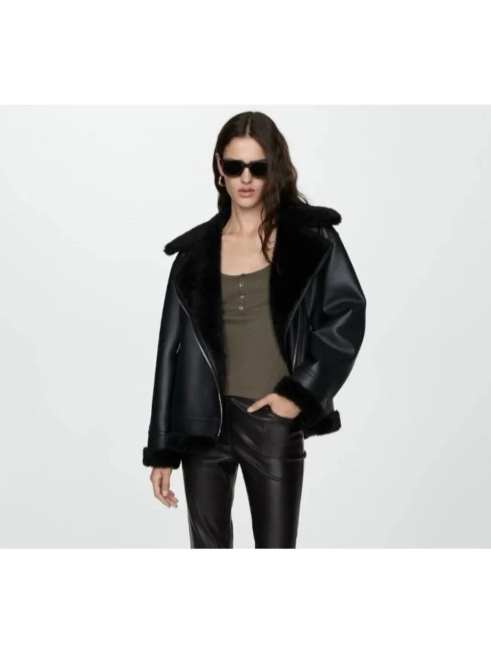 MNG Mango Faux Shearling Moto Jacket M Black Faux Leather Asymmetric Zip Biker - Picture 1 of 14